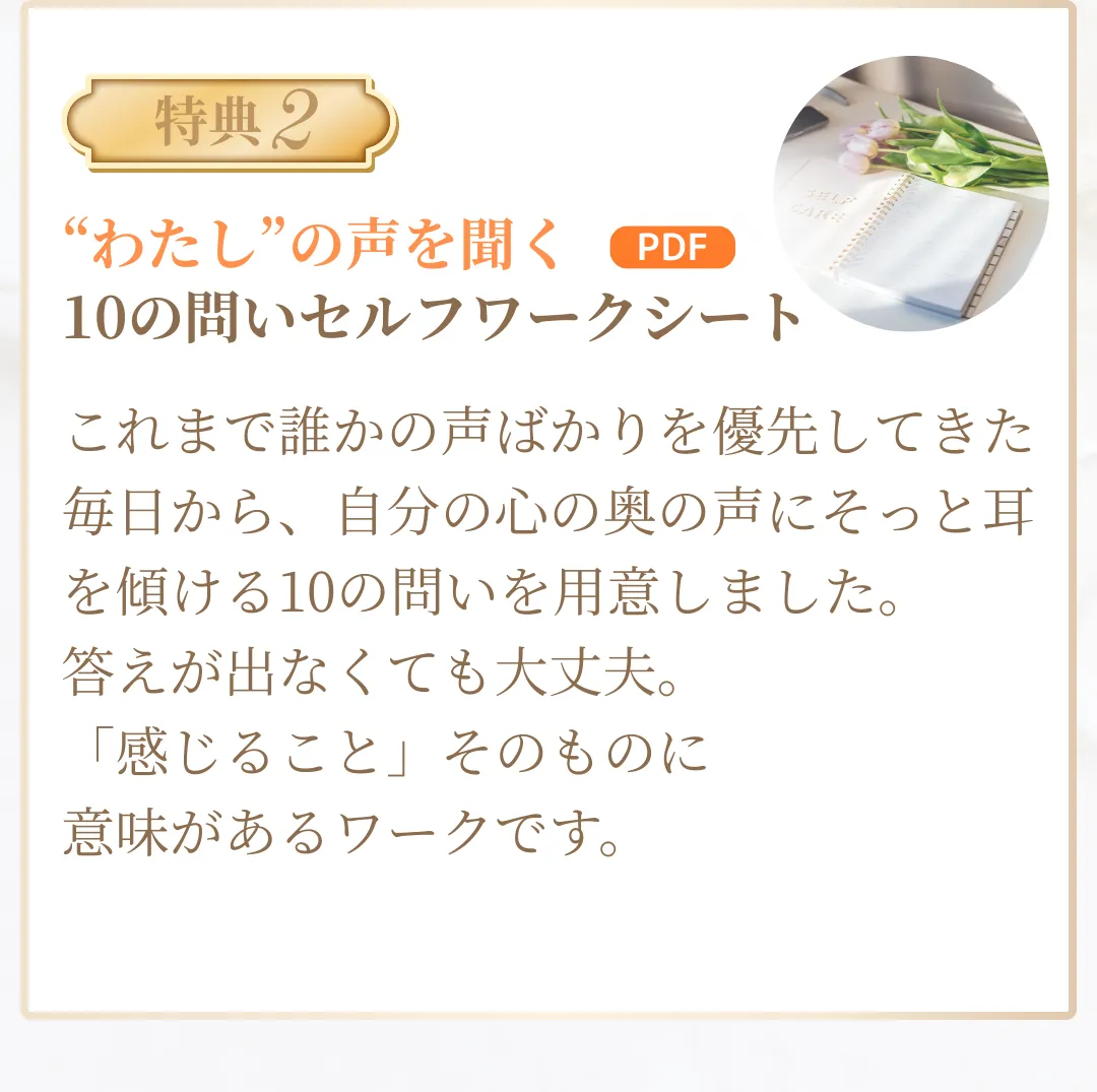 心の声に耳を傾ける10の問いをまとめたセルフワークシート特典の紹介画像