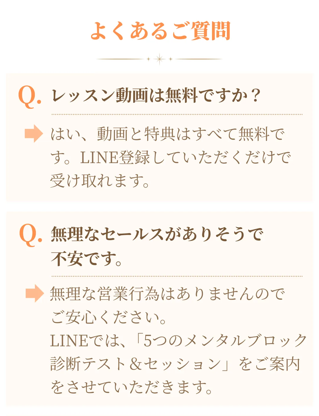 レッスン動画が無料であることと、無理な営業がないことを説明するQ&A画像